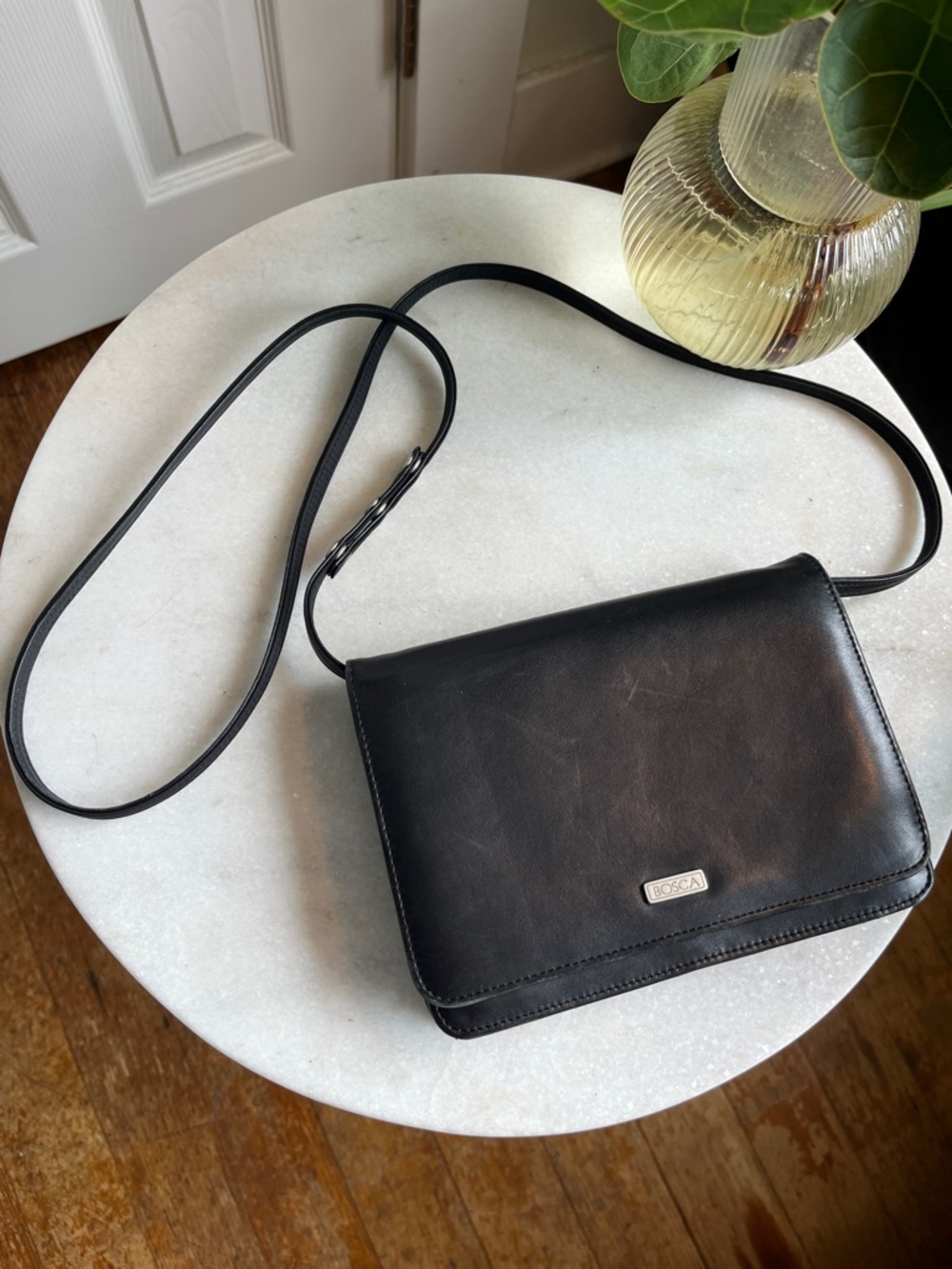 Bosca Napa Vitello Black Leather Crossbody Wallet with ID Window